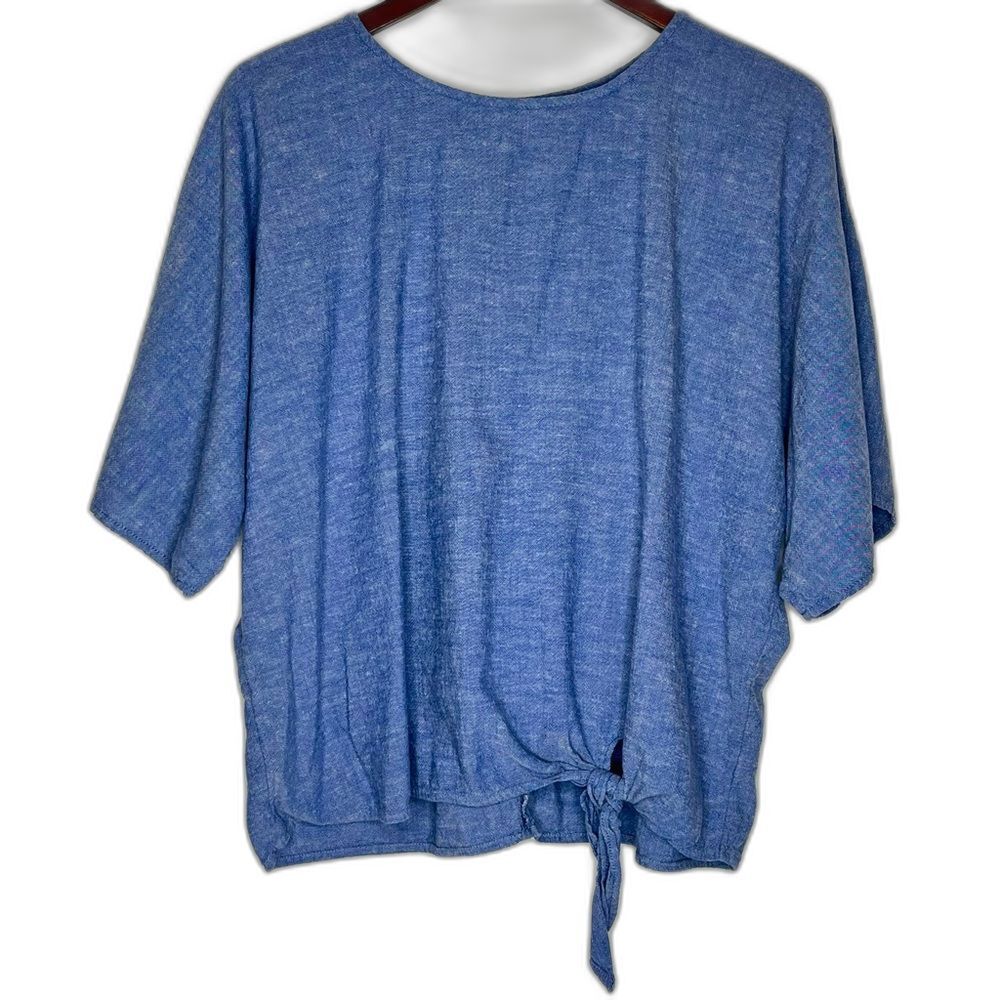 Linen Blend Blouse Relaxed Tie Front L Blue  Boho Casual
